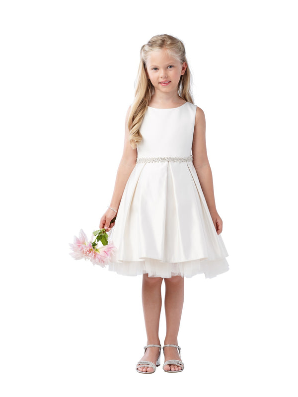 Big Girls Ivory Rhinestone Tulle Satin Pleated Junior Bridesmaid Dress 8-12 - SophiasStyle.com
